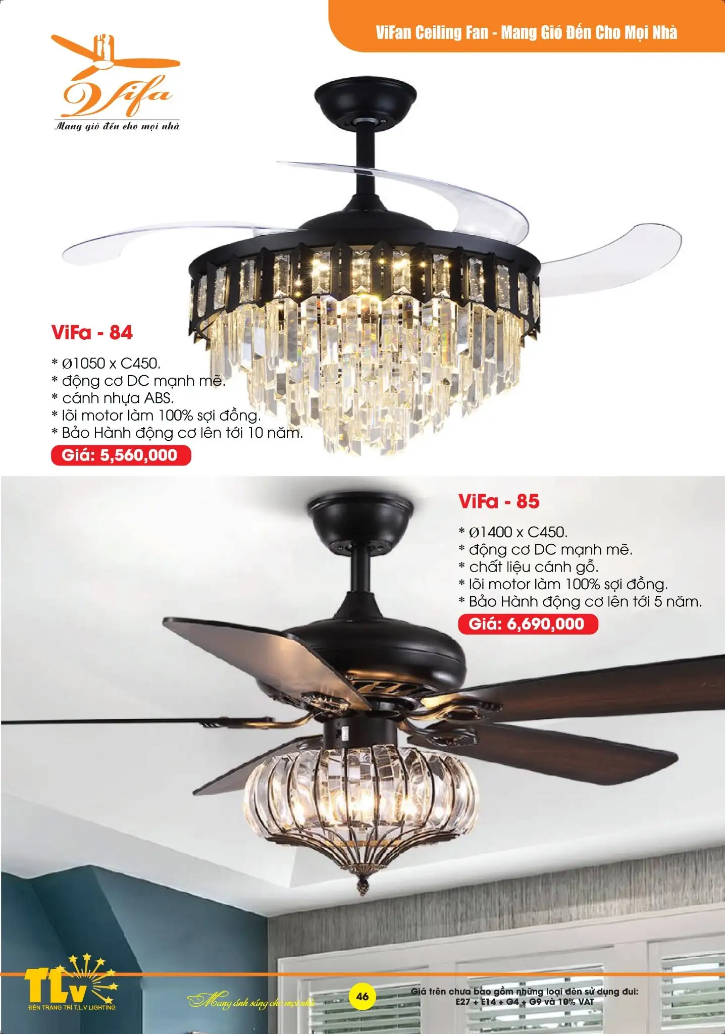 Quạt Trần Đèn Pha Lê ViFa - 84 & Quạt Trần Đèn Gỗ Cổ Điển ViFa - 85 | TLV